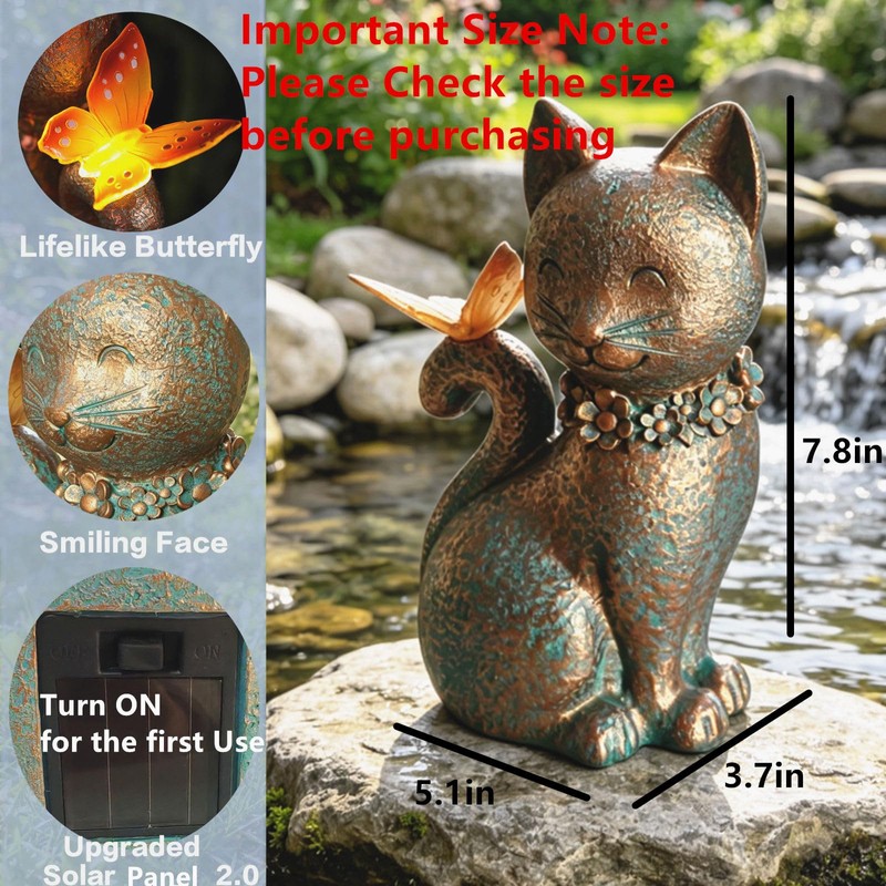 Cat Statues for Outside Garden Decor with Butterfly Solar Lights