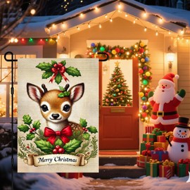 BlissYard Merry Christmas Garden Flag Cute Fawn Deer Flag Holly Berries 12x18 Inch Festive Animal Scene Double Sided Christmas Yard Decor Outdoor Banner For Porch Lawn Patio Seasonal Home Decoration