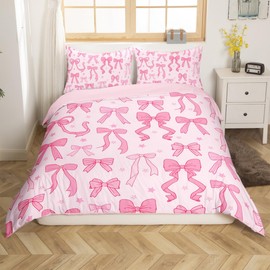 Feelyou Bow Star Print Bedding Duvet Cover Set Twin Size Cute Bowknot Bedding Set for Kids Decor Bow Comforter Cover Set Microfiber Pink Bow Bedspread Cover Bedroom Bedclothes,No Comforter