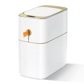 MOPALL Automatic Bathroom Trash Can with Lid, 3.1 Gallon / 13L Smart Motion Sensor Touchless Small Waste Basket, Slim Plastic Garbage Can for Bedroom Kitchen Office Home Toilet, White & Gold