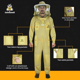 BeeProGear 3 layer Ultra Ventilated Mesh Beekeeping Suit with Round Veil for Beekeepers | Bee Suits for Men Sting-Proof Leather gloves with bag (Large, Brown)