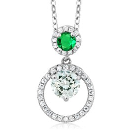 Gem Stone King 925 Sterling Silver Sky Blue Aquamarine and Green Nano Emerald Pendant Necklace For Women (1.65 Cttw, Gemstone March Birthstone, Round 6MM and 4MM)