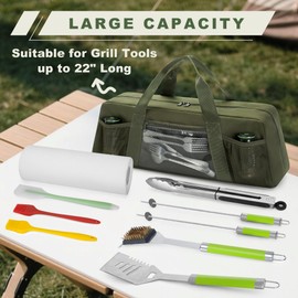 HODRANT Grill Tool Storage Bag, Outdoor BBQ Utensil Holder for Barbecue Tool up to 20", Large Grill Utensil Storage Caddy with Pockets, BBQ Accessories Case Container for Camping, Bag Only, Green