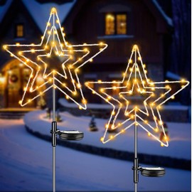 Joysing Solar Christmas Lighting Outdoor Star 2 Pieces 75 LED Garden Stake Christmas Illuminated 8 Modes Garden Stake Star Waterproof Christmas Star for Garden Christmas Decoration