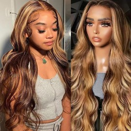 Dewyigs Highlight Ombre Lace Front Wig Human Hair Body Wave Honey Blonde Glueless HD Transparent Lace Frontal Wigs for Women 13X4 Human Hair Pre Plucked with Baby Hair 20 Inch