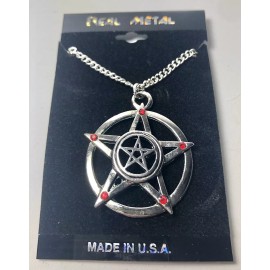 Real Metal Jewelry Double Pentagram Red Stones Gothic Occult Silver Tone Pendant