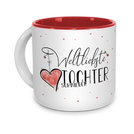 Tasse mit Spruch für die weltliebste Schwiegertochter - Geschenk für Schwiegertochter, Geburtstagsgeschenk, Familie | Hochwertige Keramik - Innen Rot, 400ml