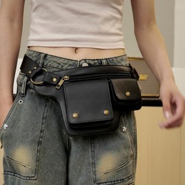 KPYWZER Leather Thigh Drop Leg Bag Retro Fanny Pack Utility Hip Belt Waist Bags Travel Outdoors Waist Pack Black