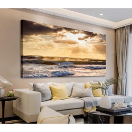 Sunset Ocean Canvas Wall Art - Ocean Waves Wall Decor Glow Sea Scene Picture Painting Nature Landscape Prints Sunset Over the Ocean Painting Artwork Living Room Bedroom Office Home 20" x 40"