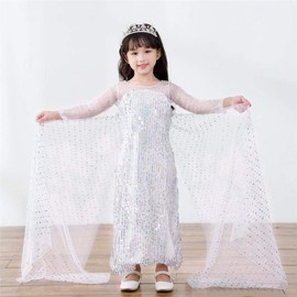 Lito Angels Princess Snow Queen White Sequin Fancy Dress Costume with Tulle Train Birthday Party Outfit for Girls Kids Age 3-4 Years