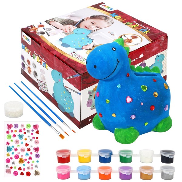 SOKA Paint Your Own Dinosaur Money Bank Arts & Crafts Kit, DIY Fun Creative Stationery Easy to Decorate Ceramic Craft Activity for Girls and Boys of Any Age