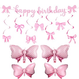 Pink Party Decorations Set, Bow Birthday Decorations Set, Pink Birthday Banner Set for Kids Celebrations and Events, Bow Decorations for Party Bow Themed Decor and Supplies