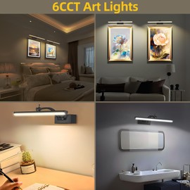 6 Colors Picture Lights Battery Operated with Remote, 16" Cordless Rechargeable Painting Lights with Timer for Wall, 6CCT Dimmable Display Lights for Artwork Gallery Dartboards, 4 Pack (Black)