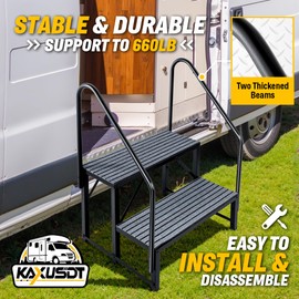 2 Steps Hot Tub RV Steps with Dual Handrail, 𝟐𝟎𝟐𝟒 𝐔𝐩𝐠𝐫𝐚𝐝𝐞𝐝 Outdoor RV Camper Entry Steps w/Non-Slip Mats, 660lbs Load Capacity Portable Mobile Home Stairs Steps for Spa, Porch, Pool