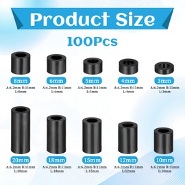 100 Pcs Nylon Spacers, Black ABS Round Washers Nylon Spacer Assortment Kit, Black Round Plastic Unthreaded Spacers for M6 Screws Hardware Spacer Bracket Electrical Outlet Screws, Switch and Receptacle