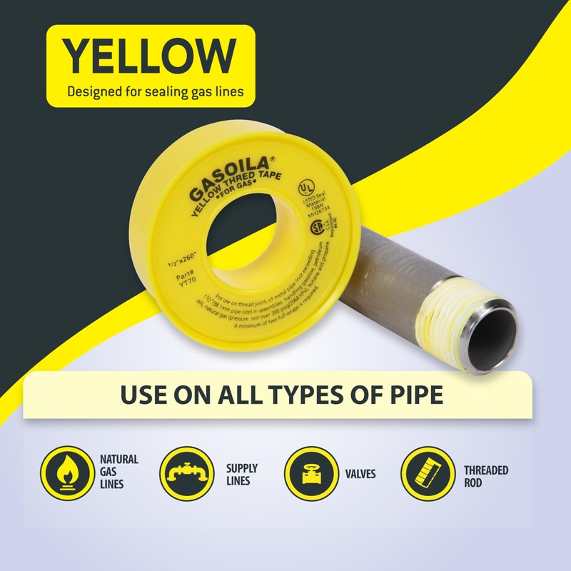 Gasoila Yellow PTFE Thread Seal Tape – Professional-Grade, 1/2 Inch