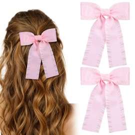 Nogeqi 2PCS Pink Hair Bow, Pink Ribbon Bows for Hair Barrettes, Cute Satin Ruffle Bow Clips with Long Tail for Women Girls Ponytail Holder Accessories