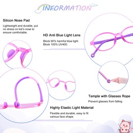 LAMBBAA 2 Pack Kids Blue Light Blocking Glasses, Computer Glasses with Rope, Anti Blurry and Eyestrain, Cut UV400 Anti Glare for Children Age 3-12 (Black Red, Purple)