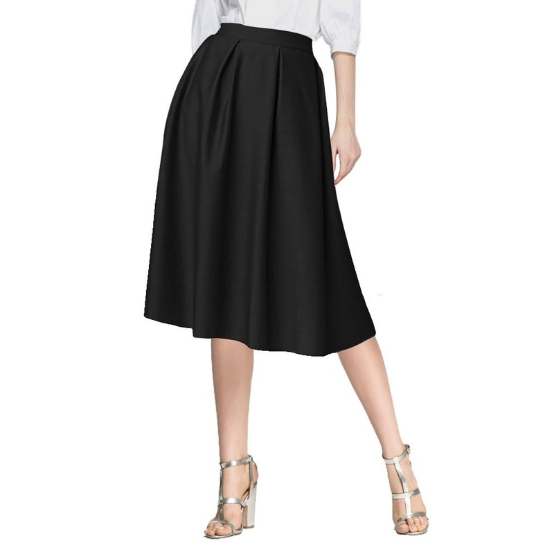 Urban GoCo Women's A-Line Pleated Flared Midi Skirt - Black