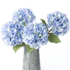 mizii 4Pcs Blue Artificial Hydrangea Flowers Large Fake Silk Hydrangea Flower with Leaves Stems Realistic Faux Hydrangeas Decorations for Wedding Table Centerpieces Vase Home Decor (Light Blue)
