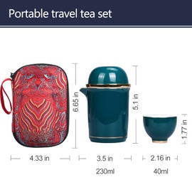 Portable Ceramic Tea Cup Set: Porcelain Teapot Set with Tea Strainer - Lids and 4 Teacups - 1 Shockproof Storage Case - Suitable for Outdoor Travel - Picnic - Office Work - Home - Green