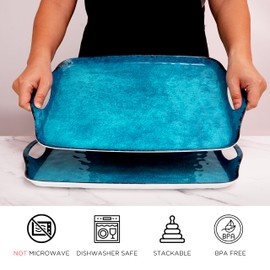 TP Serving Tray with Handles, Large Rectangle Melamine Serving Platter Set of 2, Retro Teal