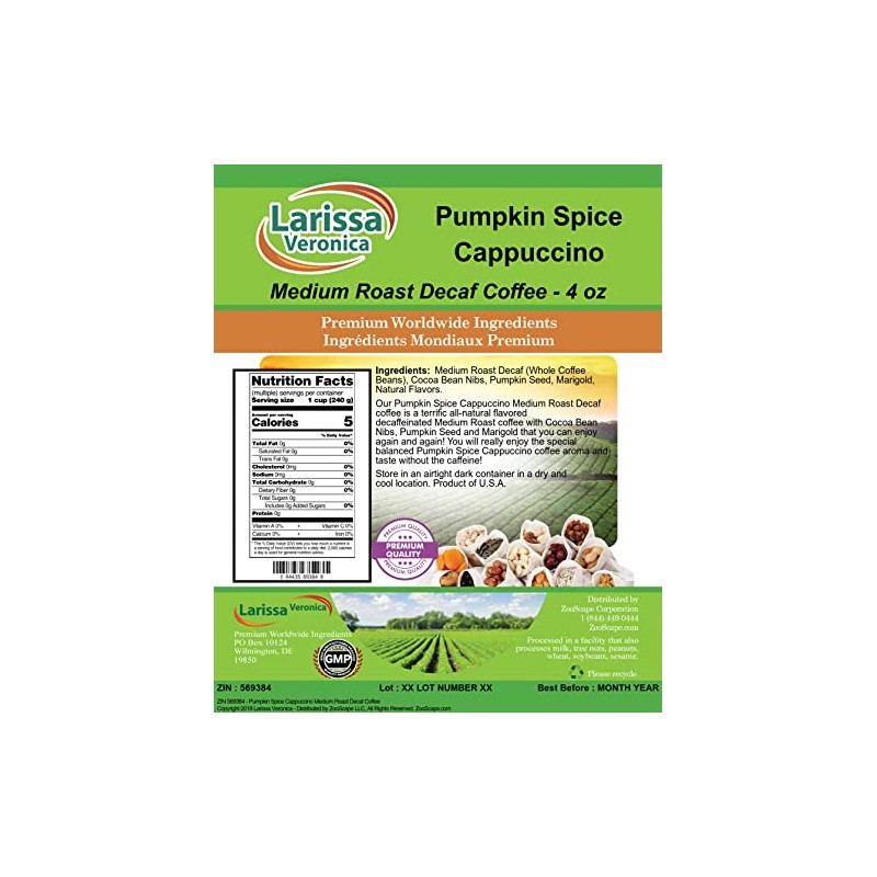 Pumpkin Spice Cappuccino Medium Roast Decaf Coffee (Gourmet, Naturally Flavored,