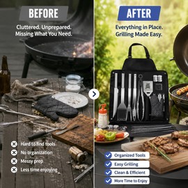 BBQ Grill Accessories Set for Outdoor Cooking – Stainless Steel Tool Kit with Apron & Carry Case