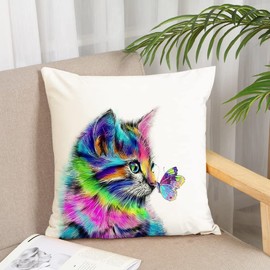 KUNQIAN Cat Cushion Cover Colorful Butterfly Pillow Cover Cat for Cat Lovers Decor Home Livingroom Couch Bed Sofa Decorate Throw Pillow Case Cat Gift 18"x18"