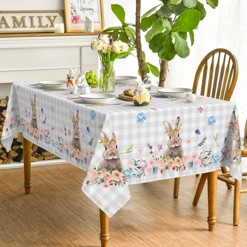 Horaldaily Easter Tablecloth 60x120 Inch, Spring Flower Buffalo Plaid Bunny