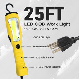 EP 25 Ft LED Work Light, 1200 Lumen COB LED Trouble Light - 16 Gauge SJTW Indoor Outdoor Extension Cord, Handheld, Magnetic Base, Rotatable Hanging Hook - Yellow