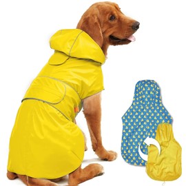 Kimee Dog Raincoat Reversible, Single Side Slicker Poncho Adjustable Waterproof Dog Rain Jacket with Leash Hole/Reflective Stripe Hooded Snowproof Windproof Clothes for Small to 3X-Large Dogs, S
