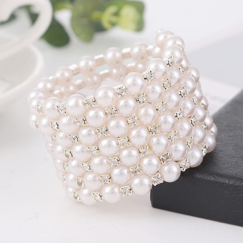 Fuqimanman2020 Multi Row Imitition Pearl Stretch Bracelet Stackable Crystal Strand
