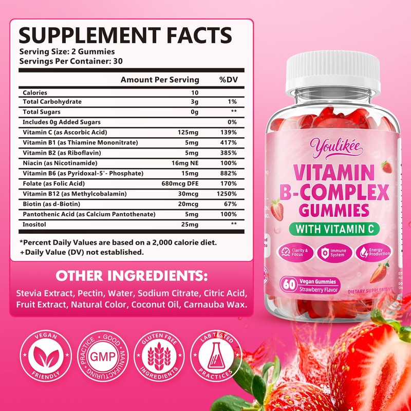 Youlikee Vitamin B-Complex Gummies for Women & Men, Methyl B12,