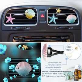 ETIUC 5PCS Sea Shells Car Air Vent Clips Starfish Air Conditioning Outlet Clip Seashells Car Air Freshener Clips Diffuser with Refill Pads Beach Theme Car Interior Decor Cute Car Accessories for Women