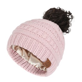 Hat Hut Satin Lined Beanie Hat for Women Silk Lined Winter Hat for Curly Hair Ponytail Beanie Messy Bun Knit Skull Cap (Pink)