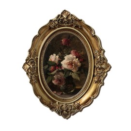 XIAOAIKA Vintage Baroque Oval Framed Canvas Art, Classic Still Life Floral Artwork with 3D Embossed Details, Antique Bronze Gold Resin Frame for Bedroom Living Room Hallway Décor, 10 x 8 Inch