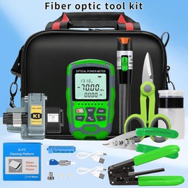 Rechargeable Fiber Optic Terminal kit 10-in-1 Equipped with A-MC7 Optical Power Meter (-70~+10 dBm) Hot melt Cold Connection K1 Fiber Cleaver Aramid Scissors Stripping Pliers FTTH Tool kit