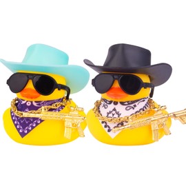 CoFuBcad 2PS Rubber Duck Dashboard Decoration, Yellow Duck Car Ornament Cute Accessory with Cowboy Hat Necklace Sunglasses Cool Prop for Dashboard Decorations (Black & Light Blue)