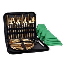 Camping Tableware Mess Kit Cutlery for 4 Dinnerware Set - 24pcs Hammered Gold Stainless Steel Utensils Set with Plate Spoon Fork Serrated Knife Wine Opener Cloth napkins, Backpacking, Hiking Picnic