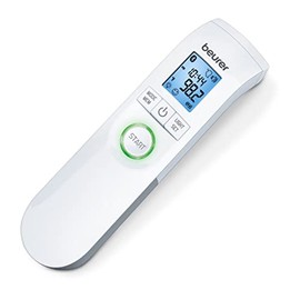 Beurer Termómetro Bluetooth sin contacto, frente, objeto, temperatura ambiente, alta precisión, pantalla XL azul, 60 espacios de memoria, color blanco