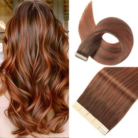 Tape in Hair Extensions Human Hair Balayage Chocolate Brown to Auburn Brown Hair Extensions 18 Inch 20pcs Remy Straight Human Hair Tape in Extensions Skin Weft Tape Extensions Human Hair