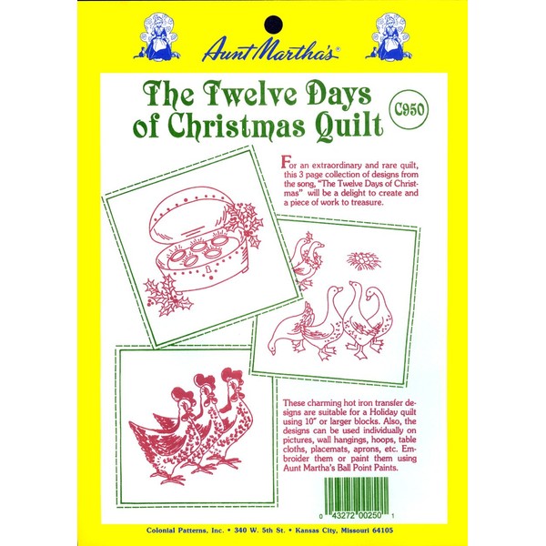 Aunt Martha's 12 Days of Christmas Iron On Transfer Pattern Collection