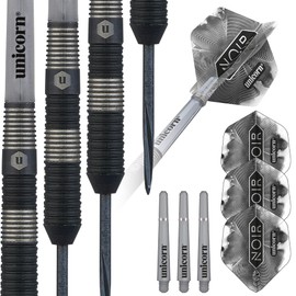 Unicorn Steel Tip Darts Set | Noir Style 3 | 90% Tungsten Barrels with Black Titanium Coating & Black Volute Points | 22 g