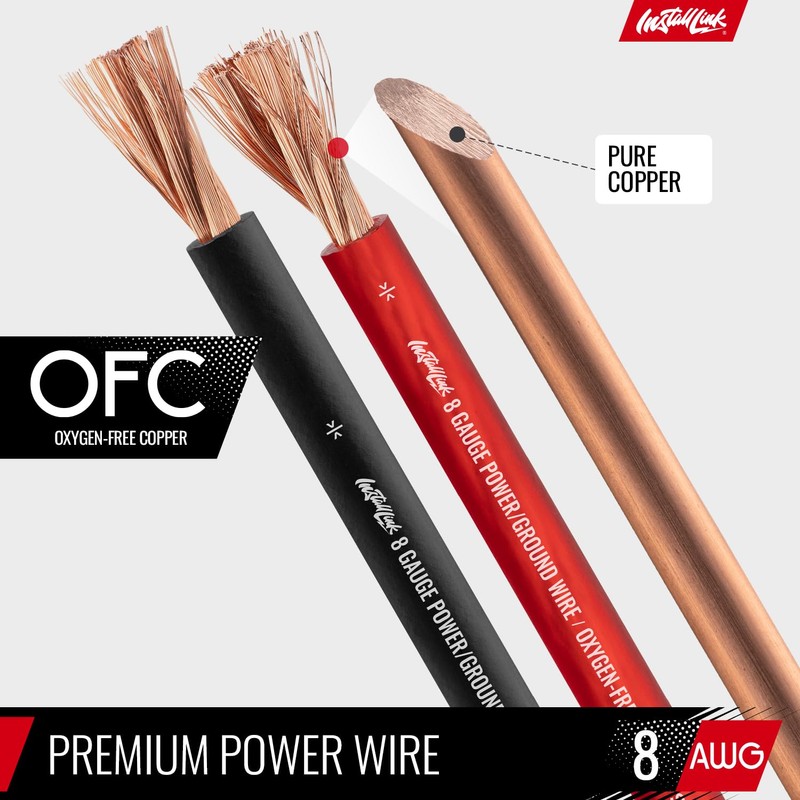 Install Link 8 Gauge Power Wire, Pure OFC Copper (25ft