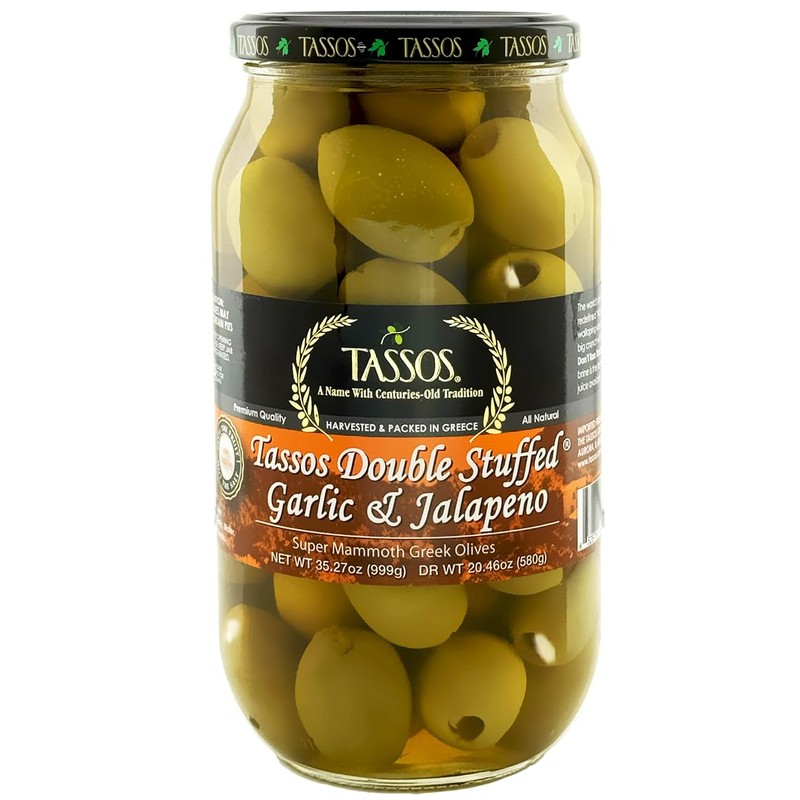 Tassos Double Stuffed Jalapeno And Garlic Super Mammoth Olives Imported
