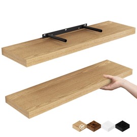 Fun Memories Floating Shelves for Wall, 24" Rustic Wood Deep Wall Mounted Shelves with Invisible Brackets for Decor & Storage, Floating Shelf for Living Room, Bathroom (Oak, Set of 2)