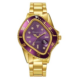 MASTOP Unique Watches for Men Waterproof Stainless Steel Wristwatch with Luminous Quartz Movement Calendar Function and Green Dial Perfect Men's Gift (Gold Purple)