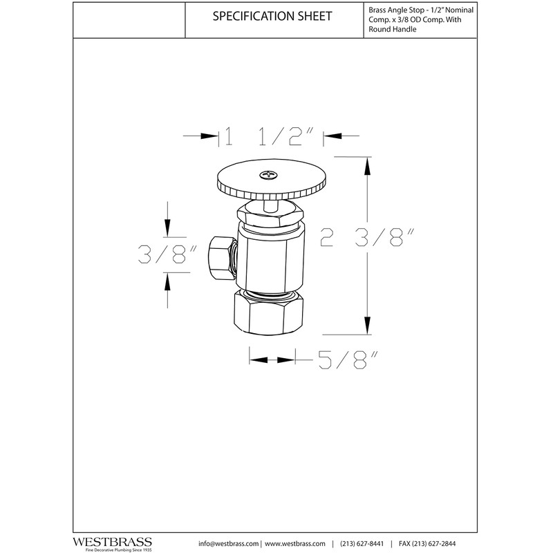 Westbrass A105-12 Round Handle Angle Stop Shut Off Valve, 1/2"