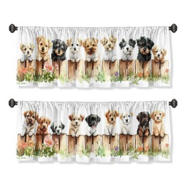 Wssklovj Dog Valance Curtain for Windows 2 Pack Cute Puppy Country Wooden Fence Flower Rod Pocket Window Treatments Short Curtains for Kitchen Windows Bathroom Bedroom 54x18 Inch